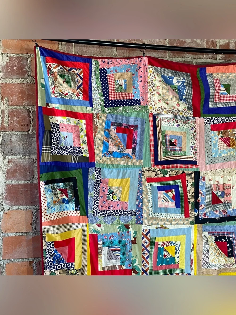 Vintage Log Cabin Tie Quilt 66” x 78” Feed Sack